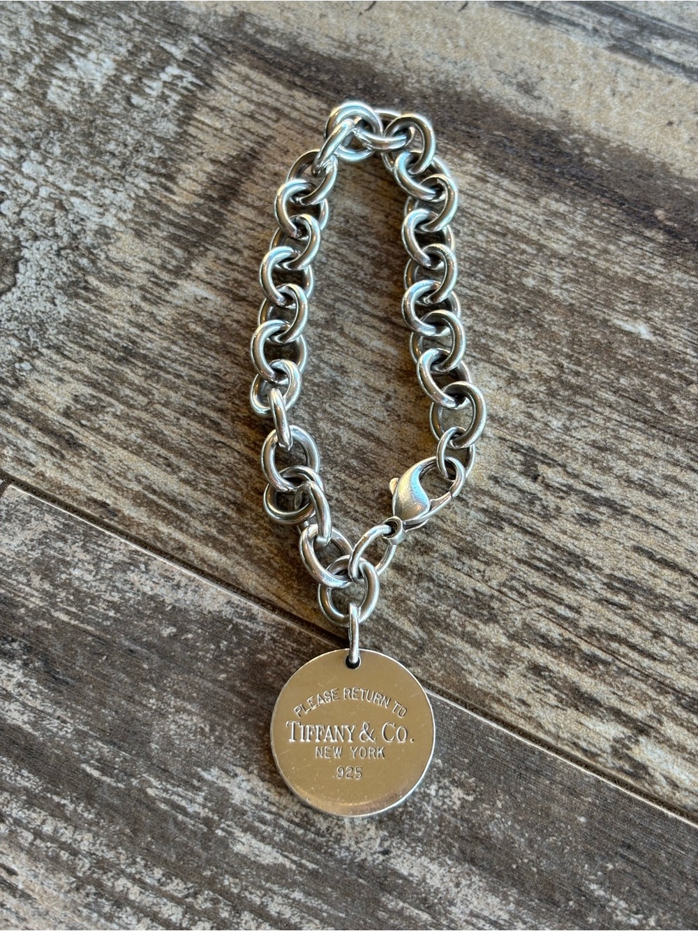 Tiffany & Co. Silver Round Tag Charm Link Bracelet with Blue Pouch